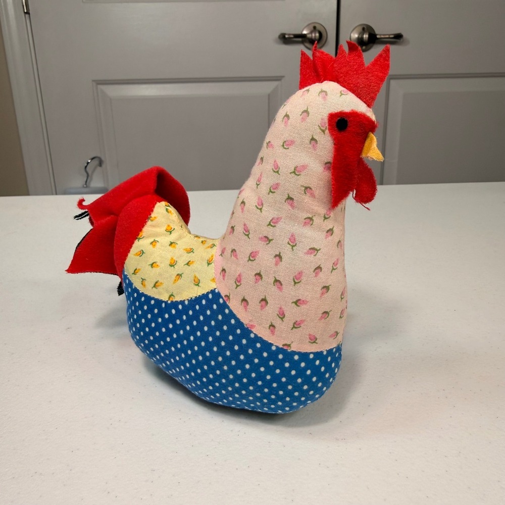 Vintage Style Handmade Patchwork Rooster Stuffed Cloth Chicken Farmhouse Decor